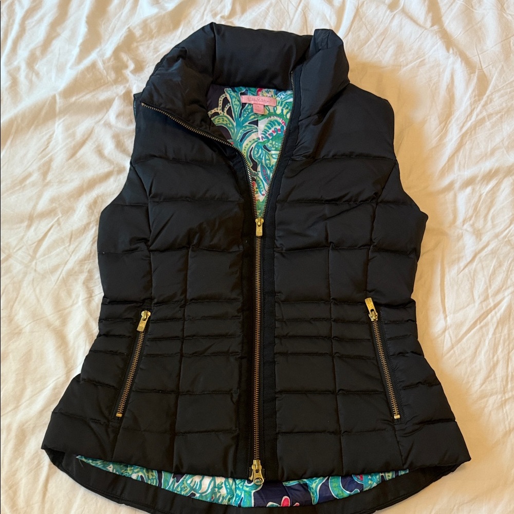 Lilly Pulitzer Black Puffer Vest with Gold Accents